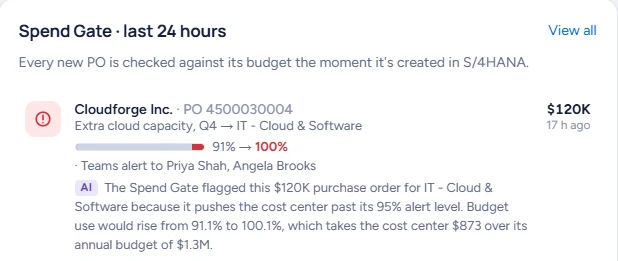 A flagged $120K purchase order in Budget Pulse with an AI note: the Spend Gate flagged this order because it pushes IT Cloud and Software past its 95% alert level, taking budget use from 91.1% to 100.1%.
